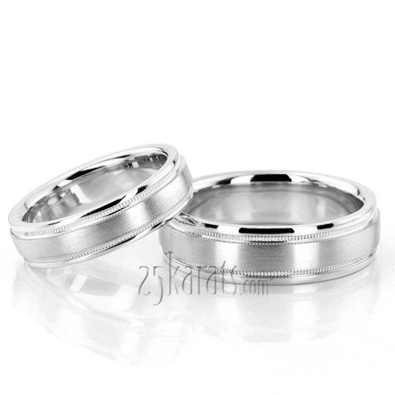 Two-Color Brush Finish Milgrain Wedding Ring Set - view 3