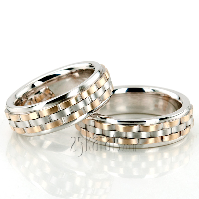 Contemporary Rolex Style Fancy Carved Wedding Ring Set - view 2