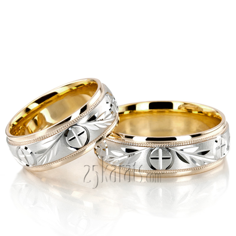 Religious Leaf Design Wedding Band set - view 4