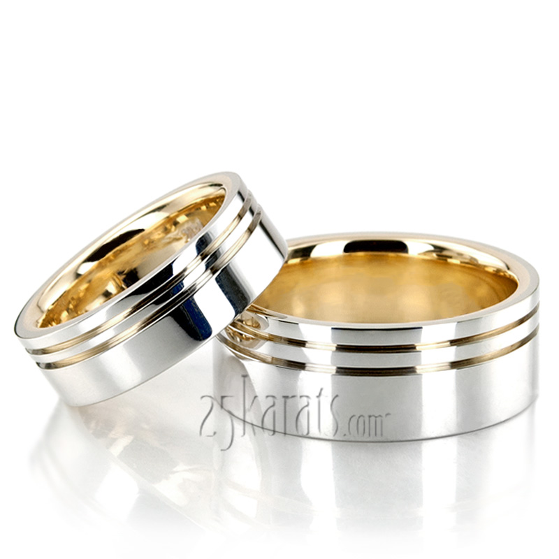 Modern Parallel Cut Two-Tone Wedding Ring Set - view 3