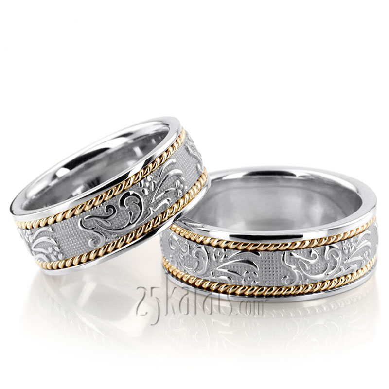 Floral Carved Antique Couples Wedding Rings - view 4