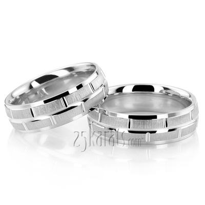 Modern Rectangular Cut Carved Design Wedding Ring Set - view 4 of 5