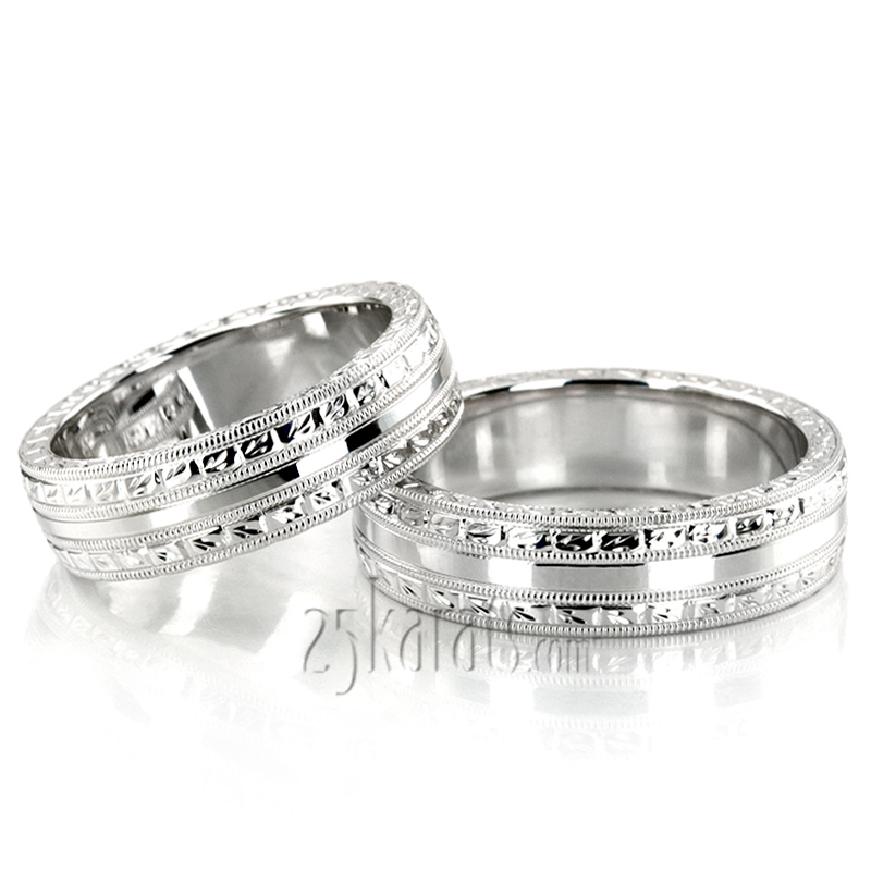 Custom Hand Engraved Shiny Wedding Ring Set - view 2