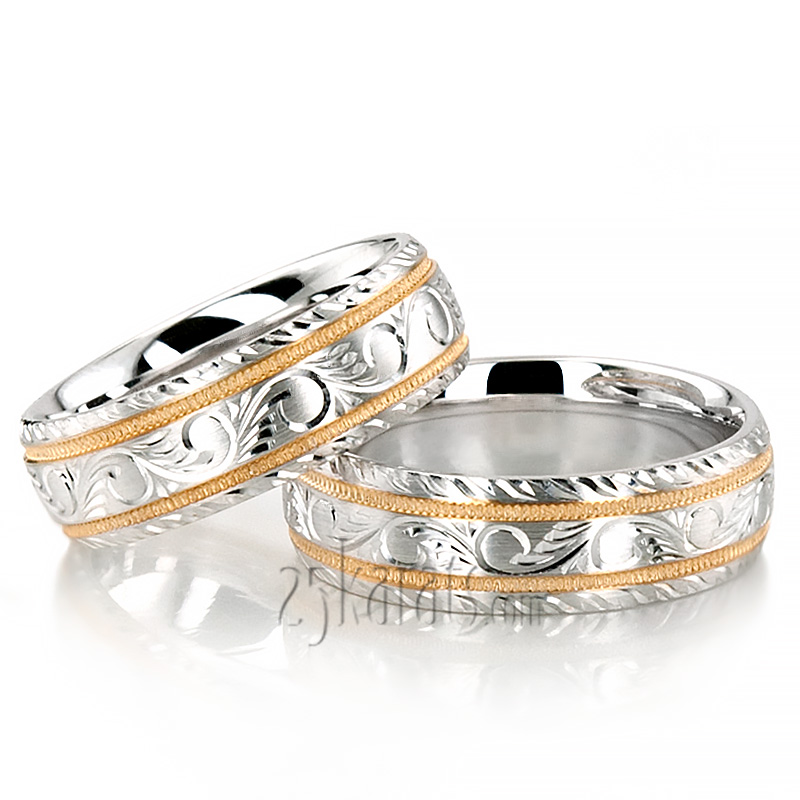 Chic Hand Engraved Leaf Design Matching Ring Set For Couples - view 5