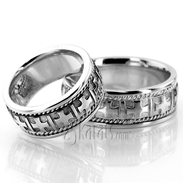 Two-Tone Cross Religious Unisex Wedding Ring Set - view 2