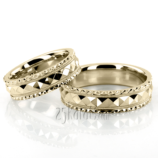 Fish Scale Style Edge Diamond Cut Wedding Ring Set - view 2