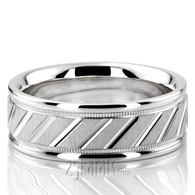 Diagonal Cut Milgrain Diamond Carved Wedding Band Set - view 3