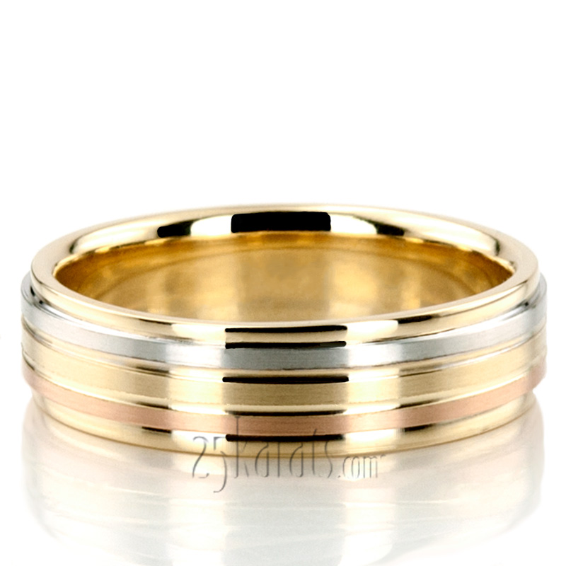 Grooved Tri-Color Fancy Designer Wedding Ring Set - view 3