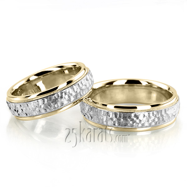 Fine Two-Tone Hammer Finish Wedding Band Set - view 2