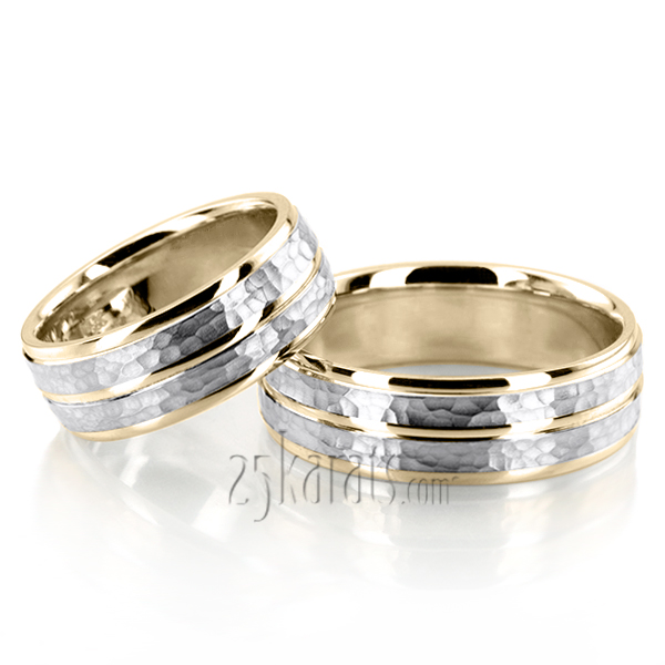 Hammered Basic Carved Wedding Band Set - view 2