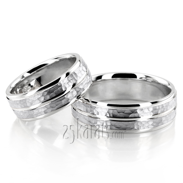 Hammered Basic Carved Wedding Band Set - view 3