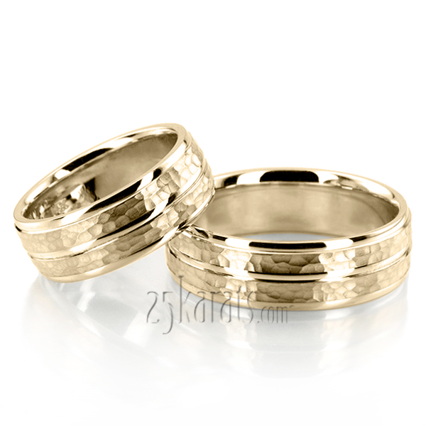 Hammered Basic Carved Wedding Band Set - view 4