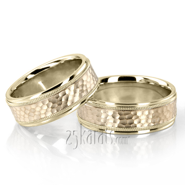 Traditional Hammer Basic Carved Wedding Ring Set - view 2