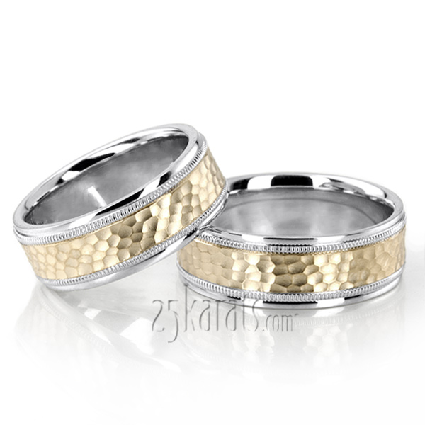 Traditional Hammer Basic Carved Wedding Ring Set - view 3