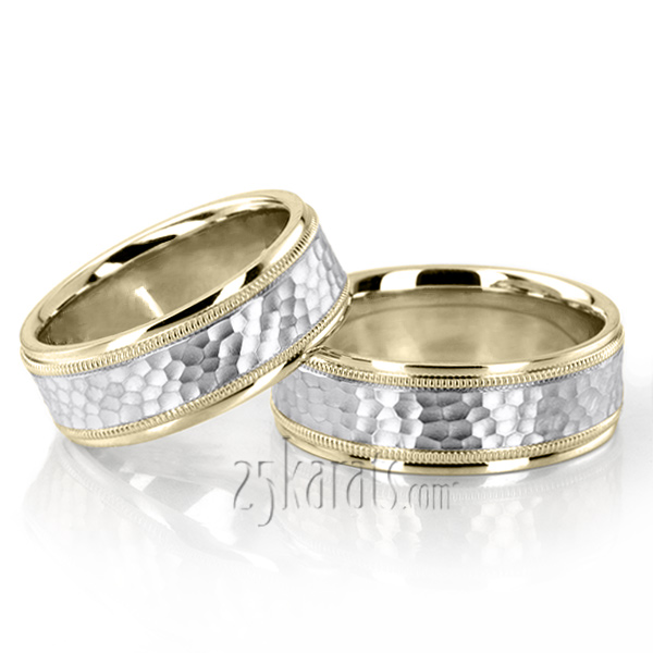 Traditional Hammer Basic Carved Wedding Ring Set - view 4