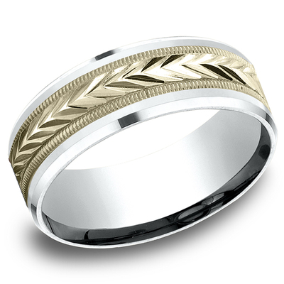 Benchmark 8mm Two Tone Comfort Fit Drop Bevel Wheat Pattern Design Band - view 2 of 6