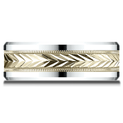 Benchmark 8mm Two Tone Comfort Fit Drop Bevel Wheat Pattern Design Band - view 3 of 6