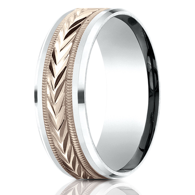 Benchmark 8mm Two Tone Comfort Fit Drop Bevel Wheat Pattern Design Band - view 4 of 6