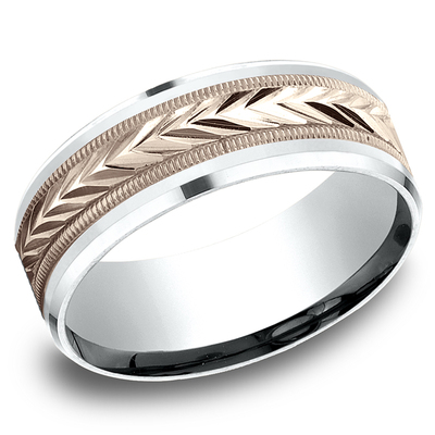 Benchmark 8mm Two Tone Comfort Fit Drop Bevel Wheat Pattern Design Band - view 5 of 6