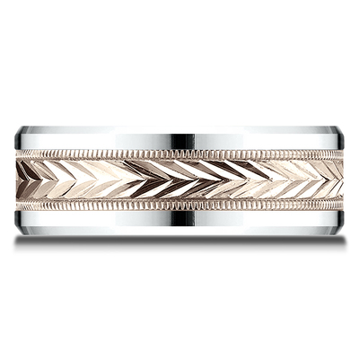 Benchmark 8mm Two Tone Comfort Fit Drop Bevel Wheat Pattern Design Band - view 6 of 6