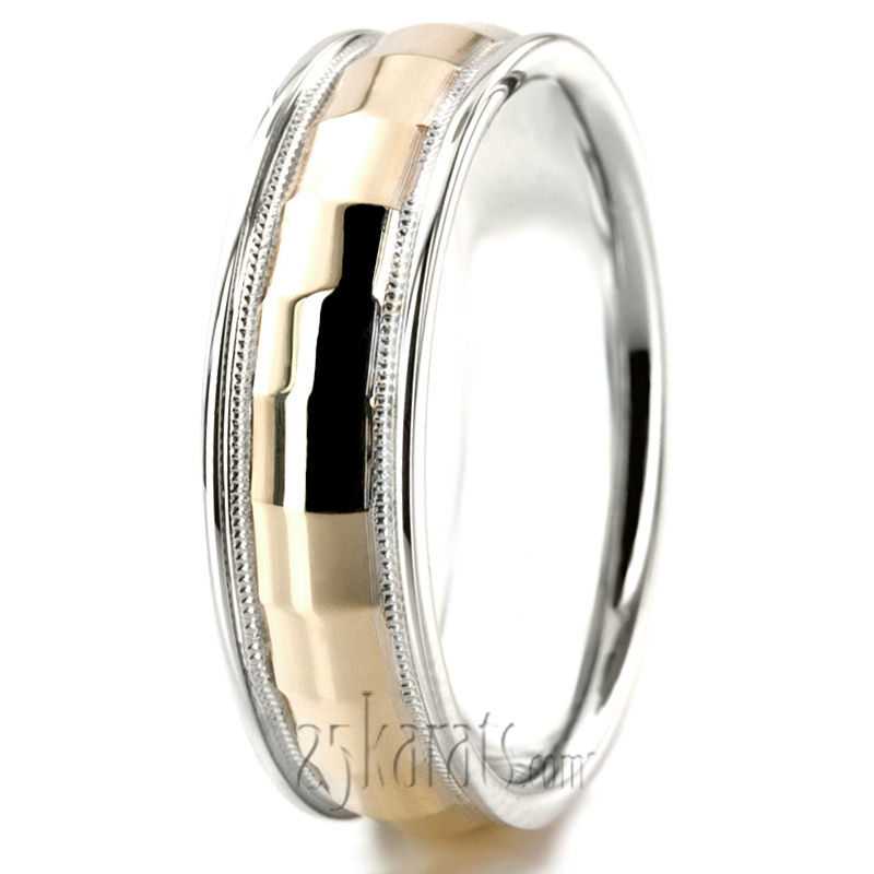 Rectangular Cut Two-Color Carved Design Wedding Ring - view 8