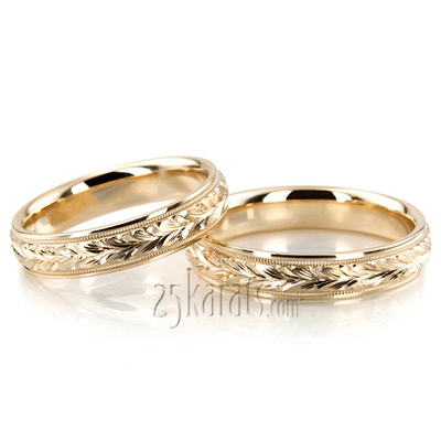 Leaf Design Fancy Carved Wedding Band Set - view 2 of 2