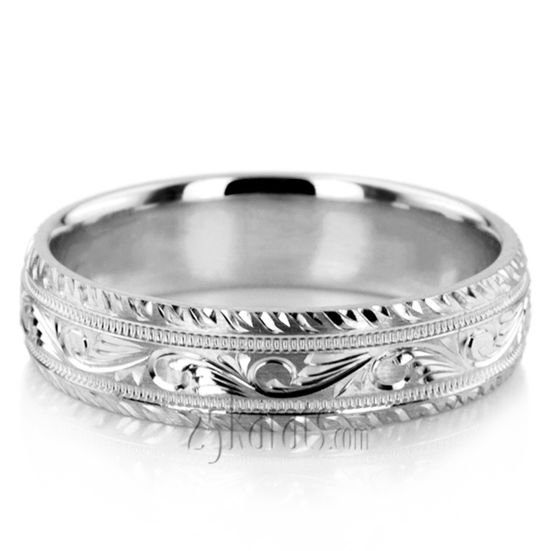 Chic Hand Engraved Floral Wedding Ring - view 8