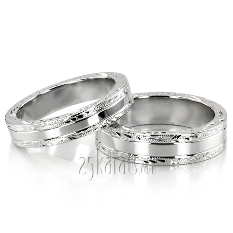 Handengraved Floral Design Matching Wedding Rings - view 3