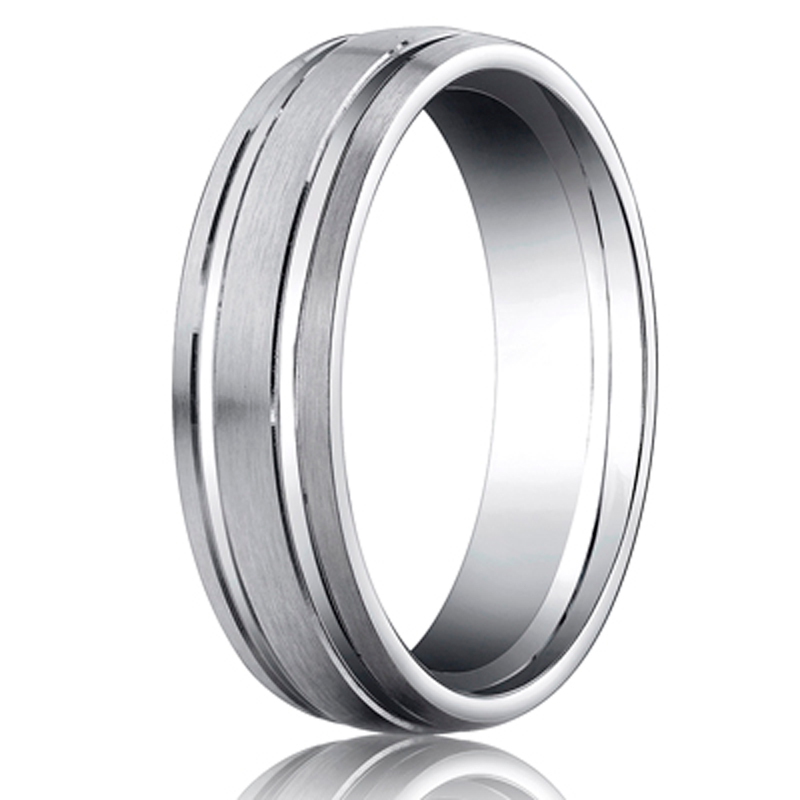 Benchmark 6mm Comfort-Fit Satin-Finished with Parallel Grooves Carved Design Band - view 2