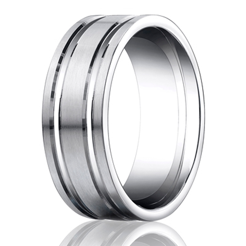 Benchmark 8mm Comfort-Fit Satin-Finished with Parallel Grooves Carved Design Band - view 2