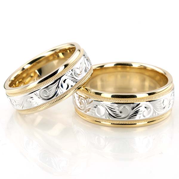 Elegant Hand Engraved Fancy Designer Wedding Band Set - view 2