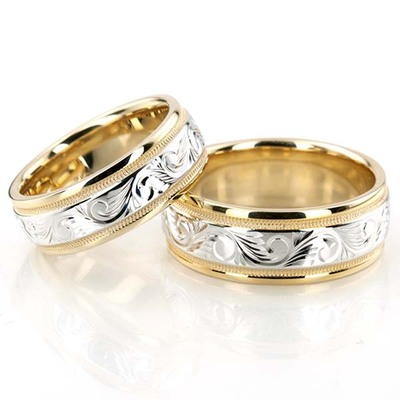 Elegant Hand Engraved Fancy Designer Wedding Band Set - view 2 of 4