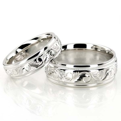 Elegant Hand Engraved Fancy Designer Wedding Band Set - view 3 of 4