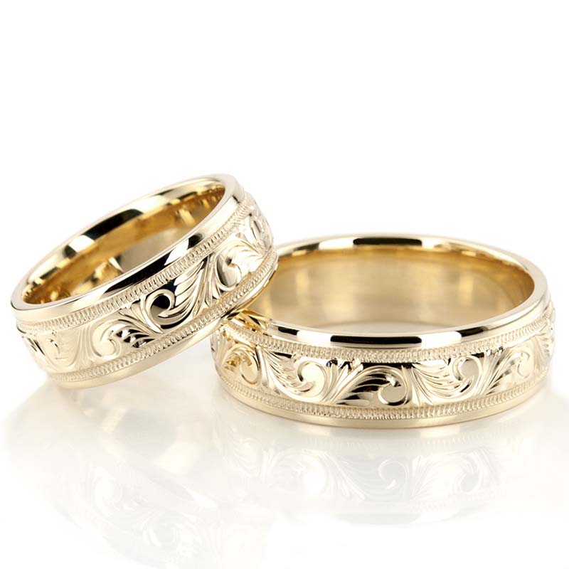 Elegant Hand Engraved Fancy Designer Wedding Band Set - view 4