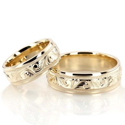 Elegant Hand Engraved Fancy Designer Wedding Band Set - view 4 of 4