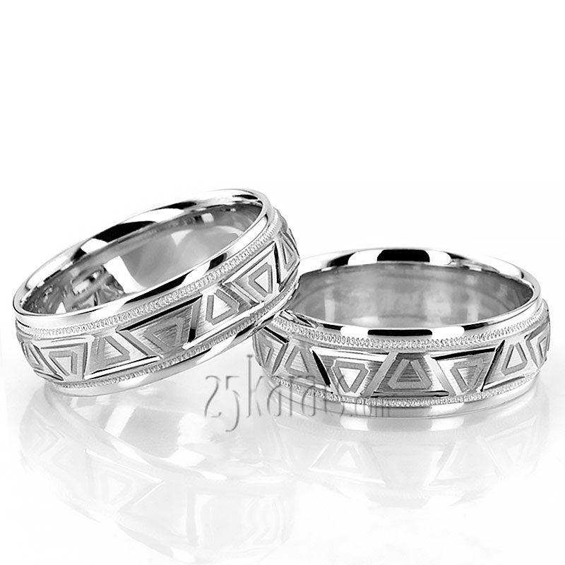 Sophisticated Grooved Carved Design Wedding Ring Set - view 3