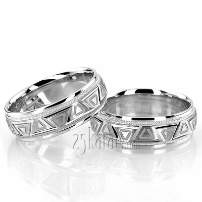 Sophisticated Grooved Carved Design Wedding Ring Set - view 3 of 4