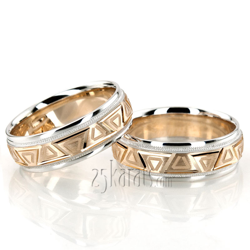 Sophisticated Grooved Carved Design Wedding Ring Set - view 4