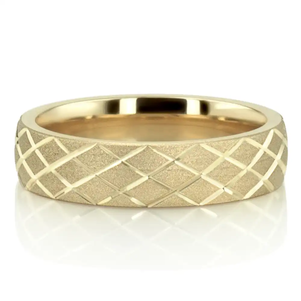 Diagonal Grooved Sandblasted Fancy Carved Wedding Ring  - view 1