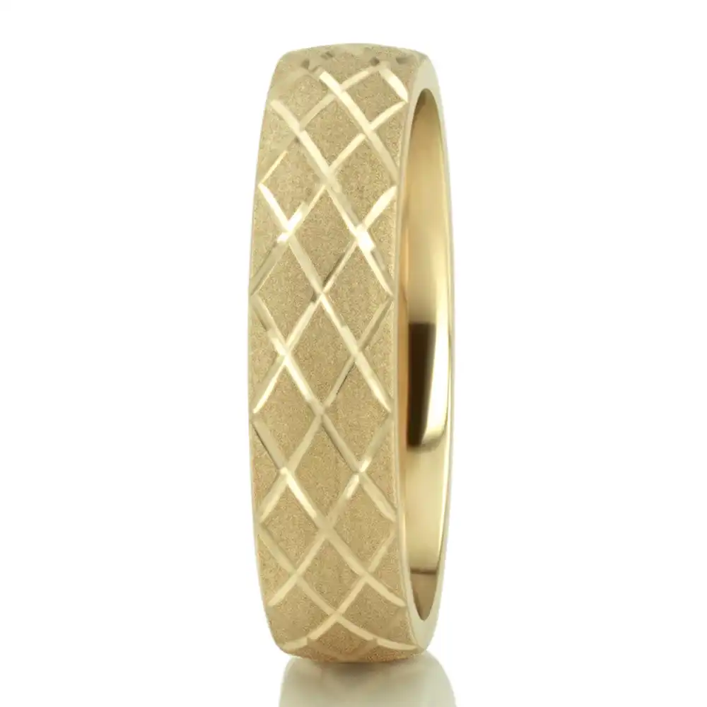 Diagonal Grooved Sandblasted Fancy Carved Wedding Ring  - view 2