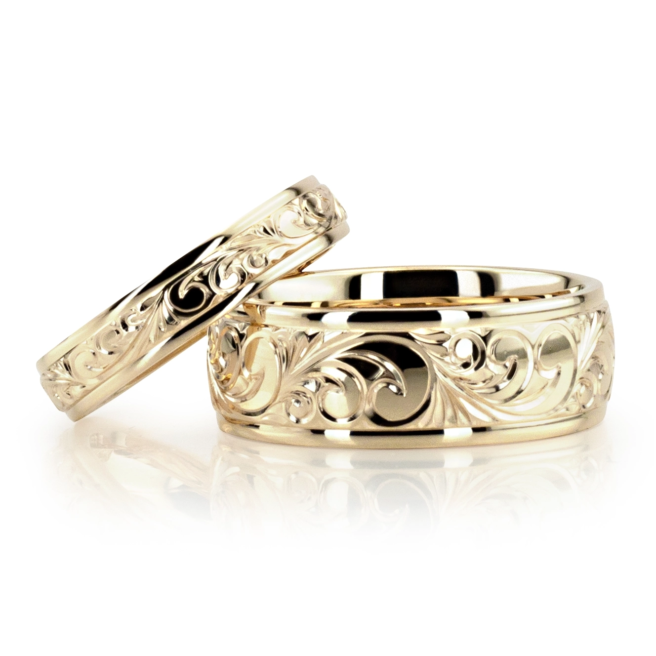 Floral Scroll Carved Wedding Band Set, 10K Gold (HH-FC11921